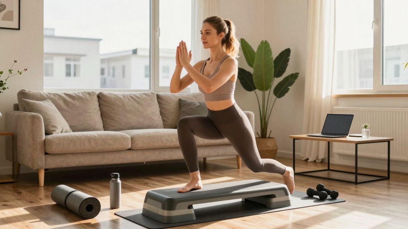 Mulher em treino doméstico faz exercício de passada numa plataforma com tapete, halteres e garrafa de água no chão.