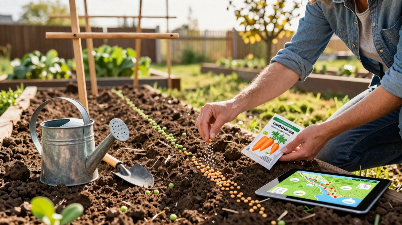 Pessoa a plantar sementes de cenoura numa horta com regador, enxada e tablet ao lado.