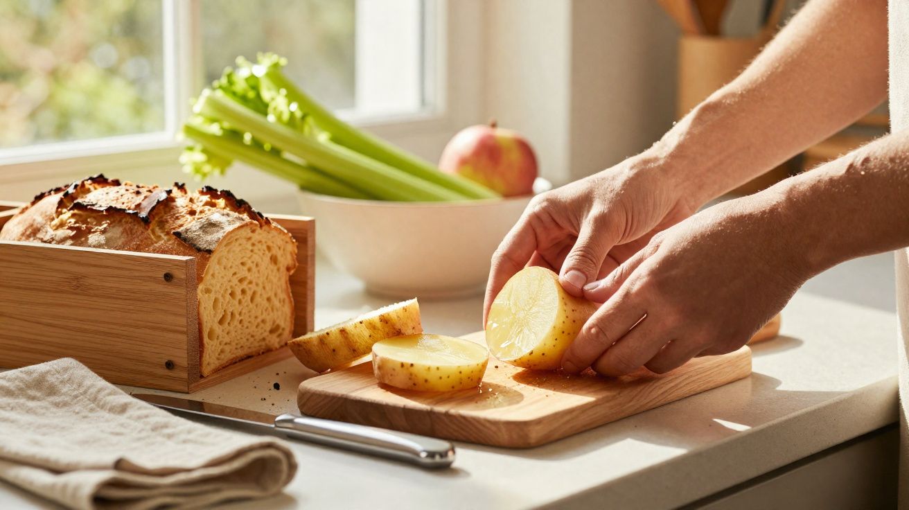 Mãos a cortar batata ao meio numa tábua de madeira, com pão e aipo ao fundo na cozinha iluminada.