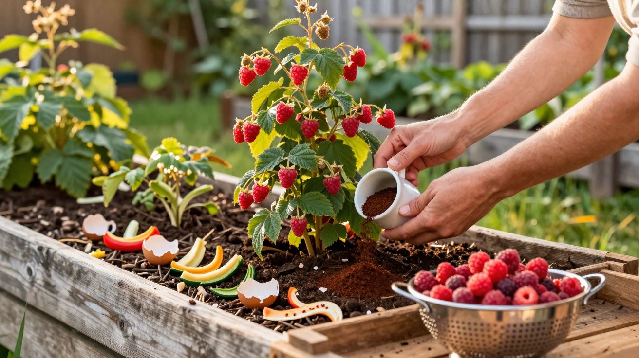 Pessoa a fertilizar planta de framboesas vermelhas numa horta urbana com cascas de ovos e borras de café.
