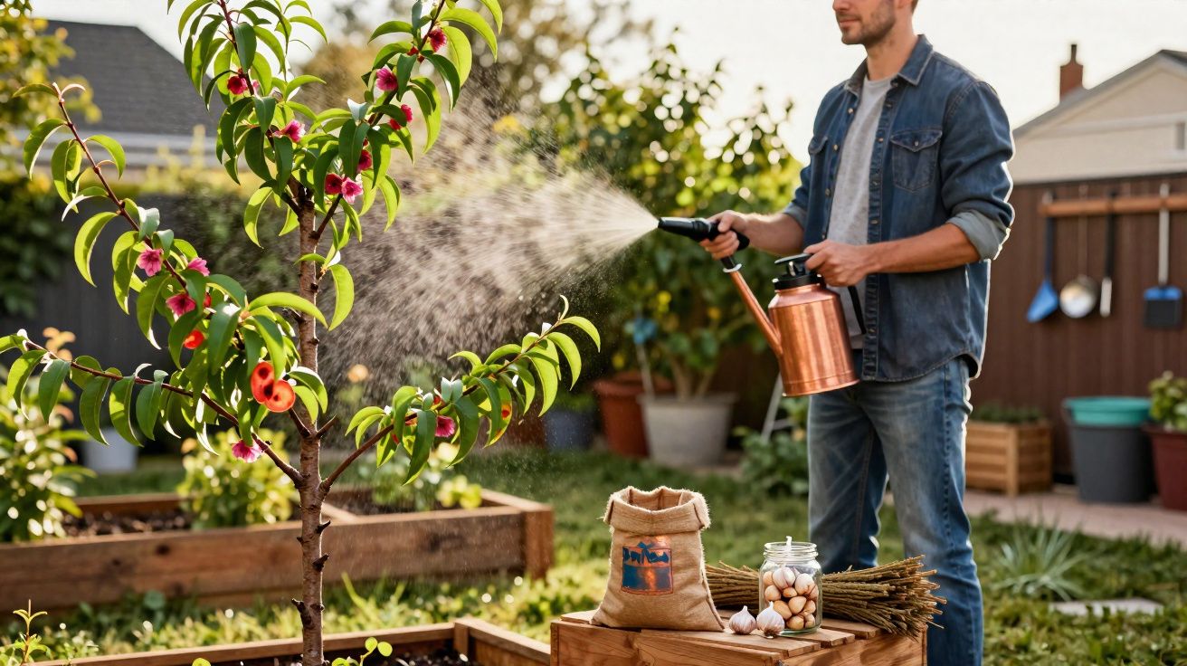 Homem a pulverizar uma árvore frutífera num jardim com plantas e vasos ao fundo.