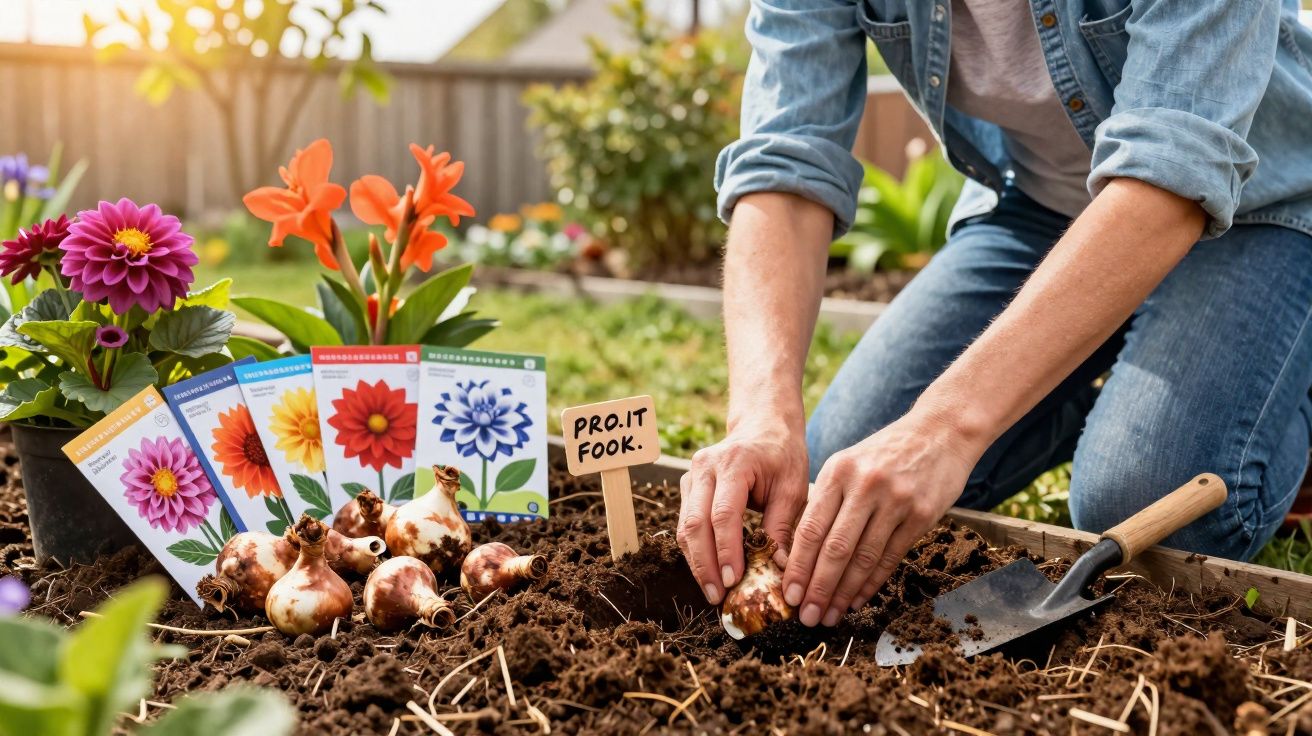 Pessoa a plantar bulbos de flores numa cama de jardim, com etiquetas coloridas e flores já crescidas ao lado.