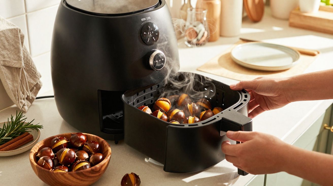 Mãos retiram castanhas quentes e fumegantes de fritadeira sem óleo numa cozinha iluminada.