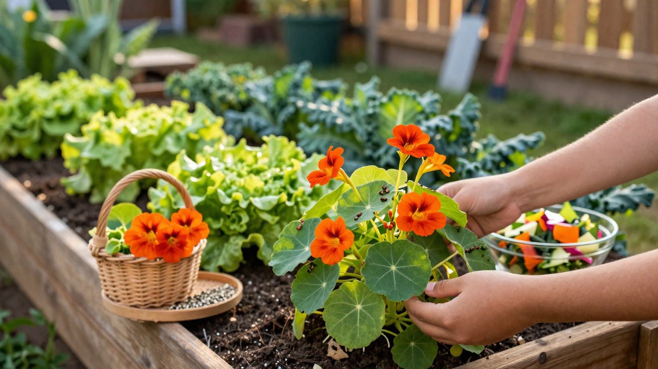 Pessoa a colher flores laranjas num jardim elevado com alfaces e outros legumes.