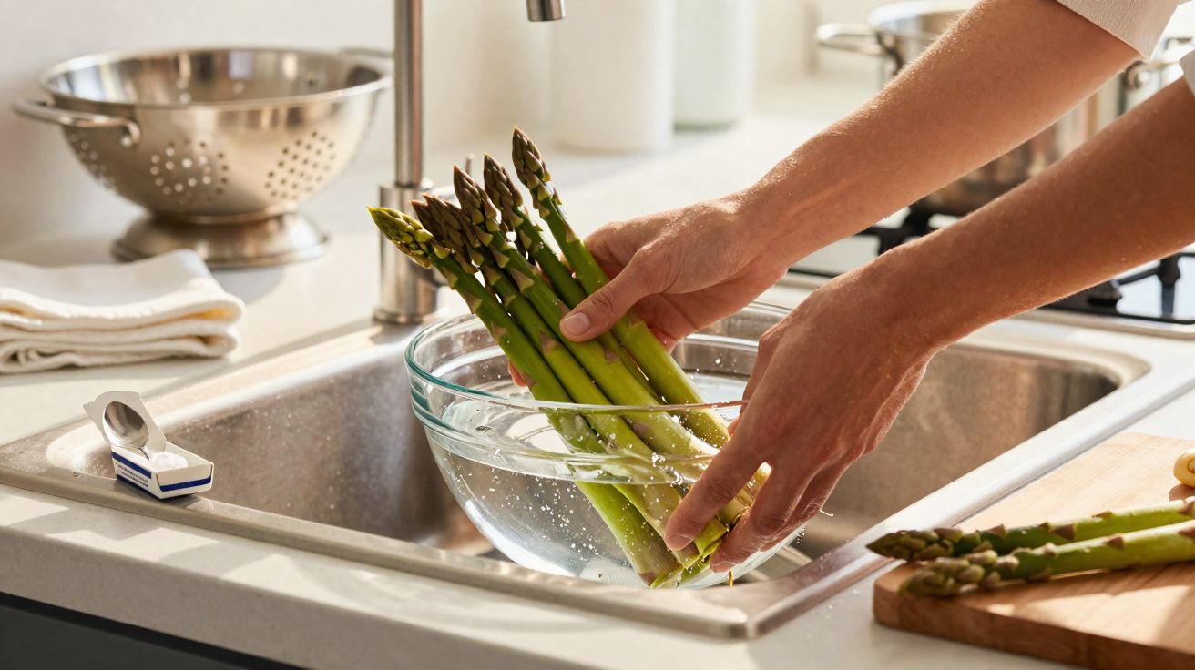 Mãos a lavar espargos verdes numa taça de vidro com água numa cozinha moderna.