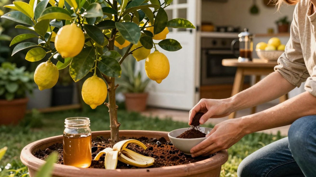 Pessoa a adubar árvore de limão num vaso grande com terra, banana e frasco de mel ao lado.
