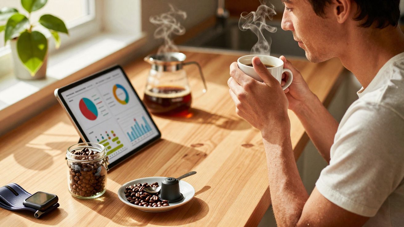Homem a beber café quente junto a tablet com gráficos e grãos de café numa mesa de madeira iluminada.