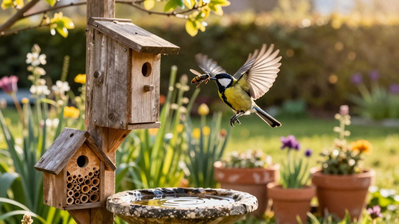 Pássaro em voo com inseto no bico perto de casas de madeira para pássaros e plantas em jardim ajardinado.