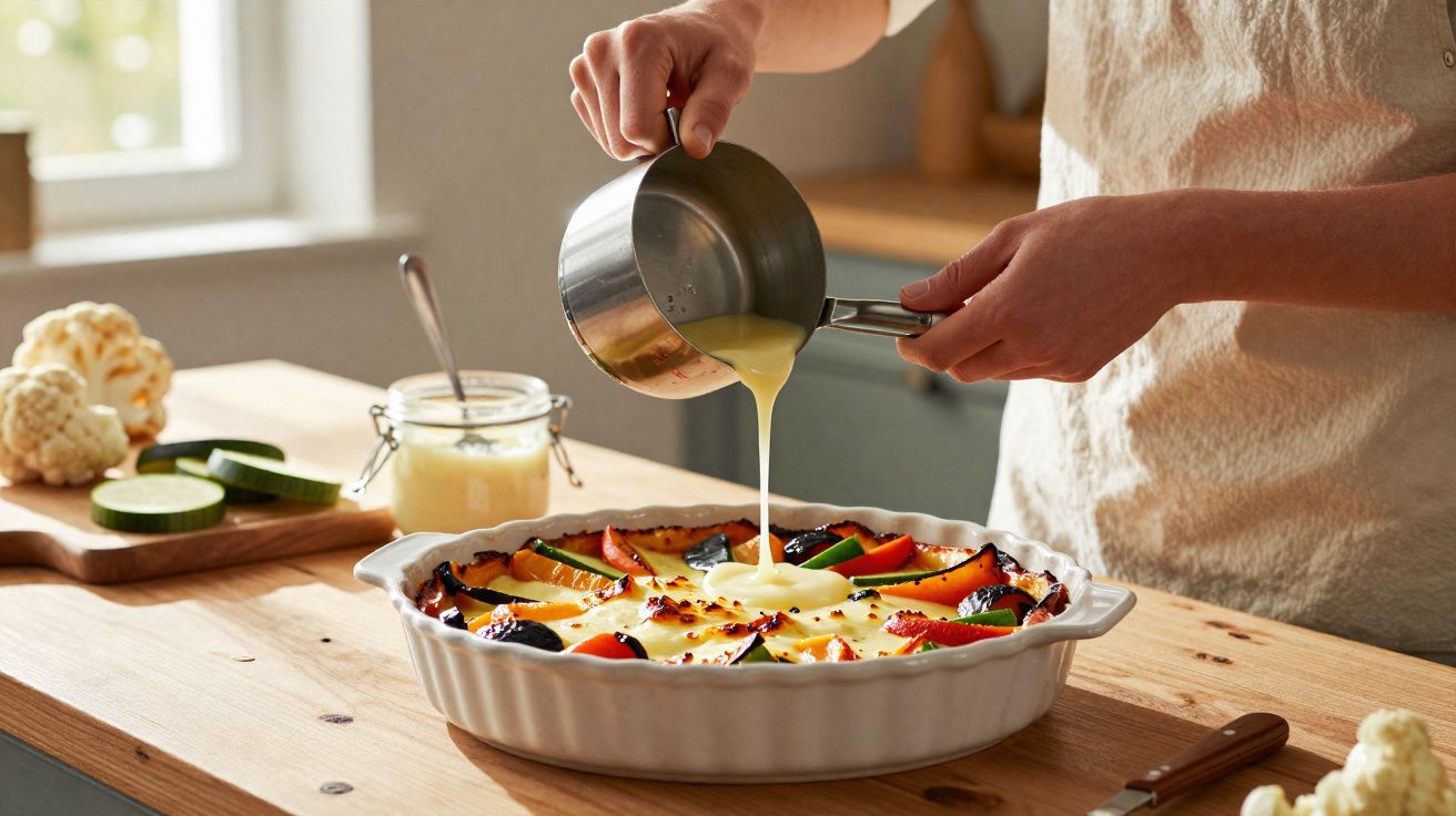 Pessoa a verter molho numa tarte de legumes numa cozinha iluminada com legumes frescos ao lado.