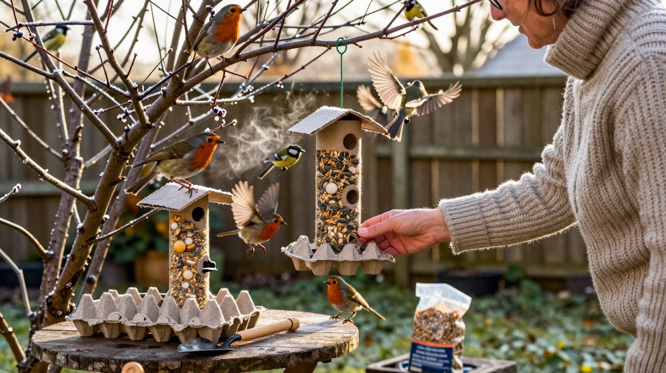 Pessoa a alimentar pássaros coloridos em comedouros pendurados num jardim com árvores e cerca de madeira.