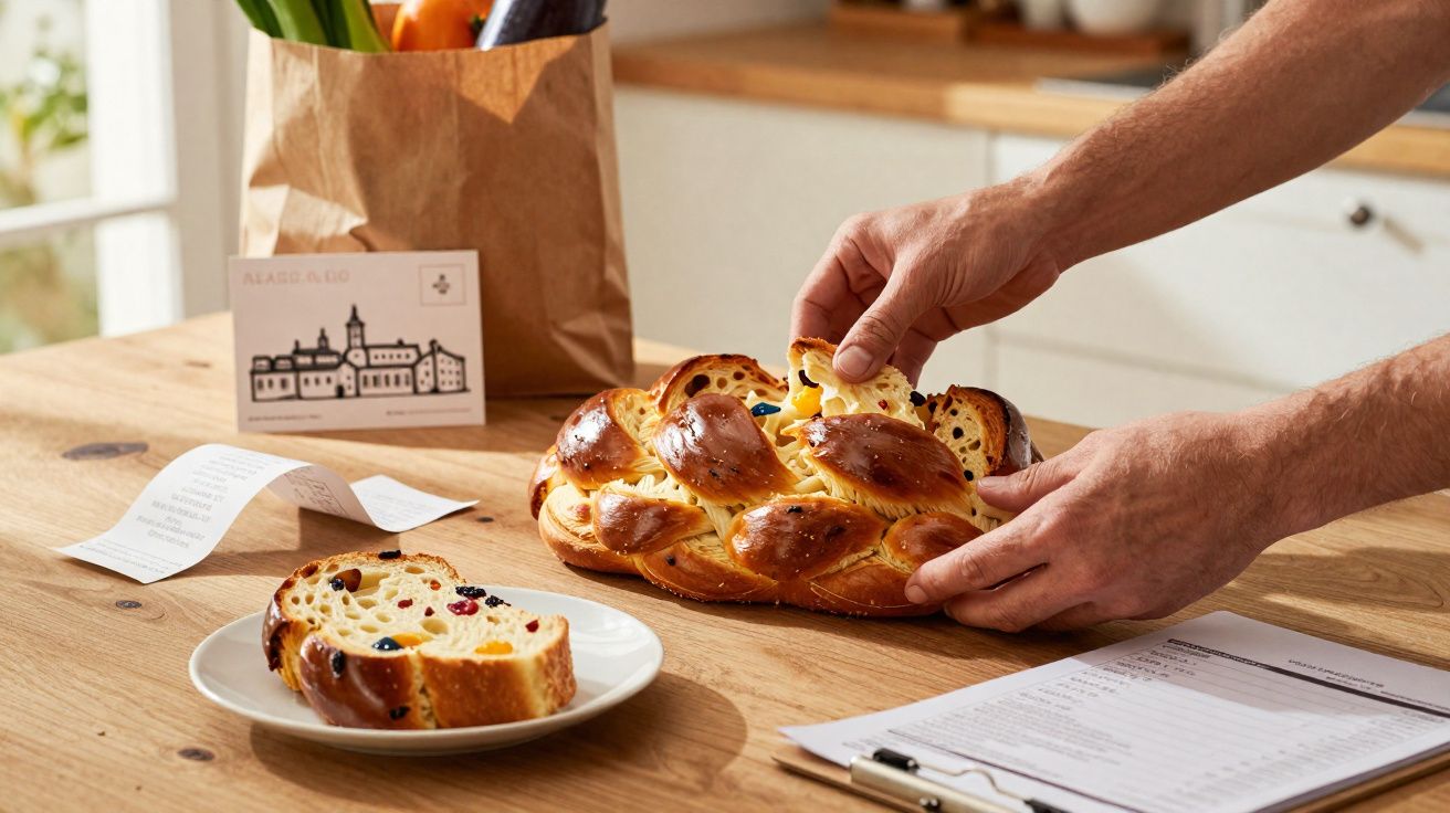 Mãos a partir um pão doce trançado com frutas, em mesa de madeira com papel, papel, saco de compras e prato.