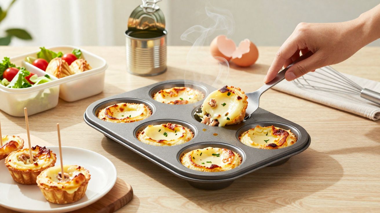 Muffins salgados quentes em tabuleiro, com uma mão a servir um e salada no fundo sobre mesa de madeira.