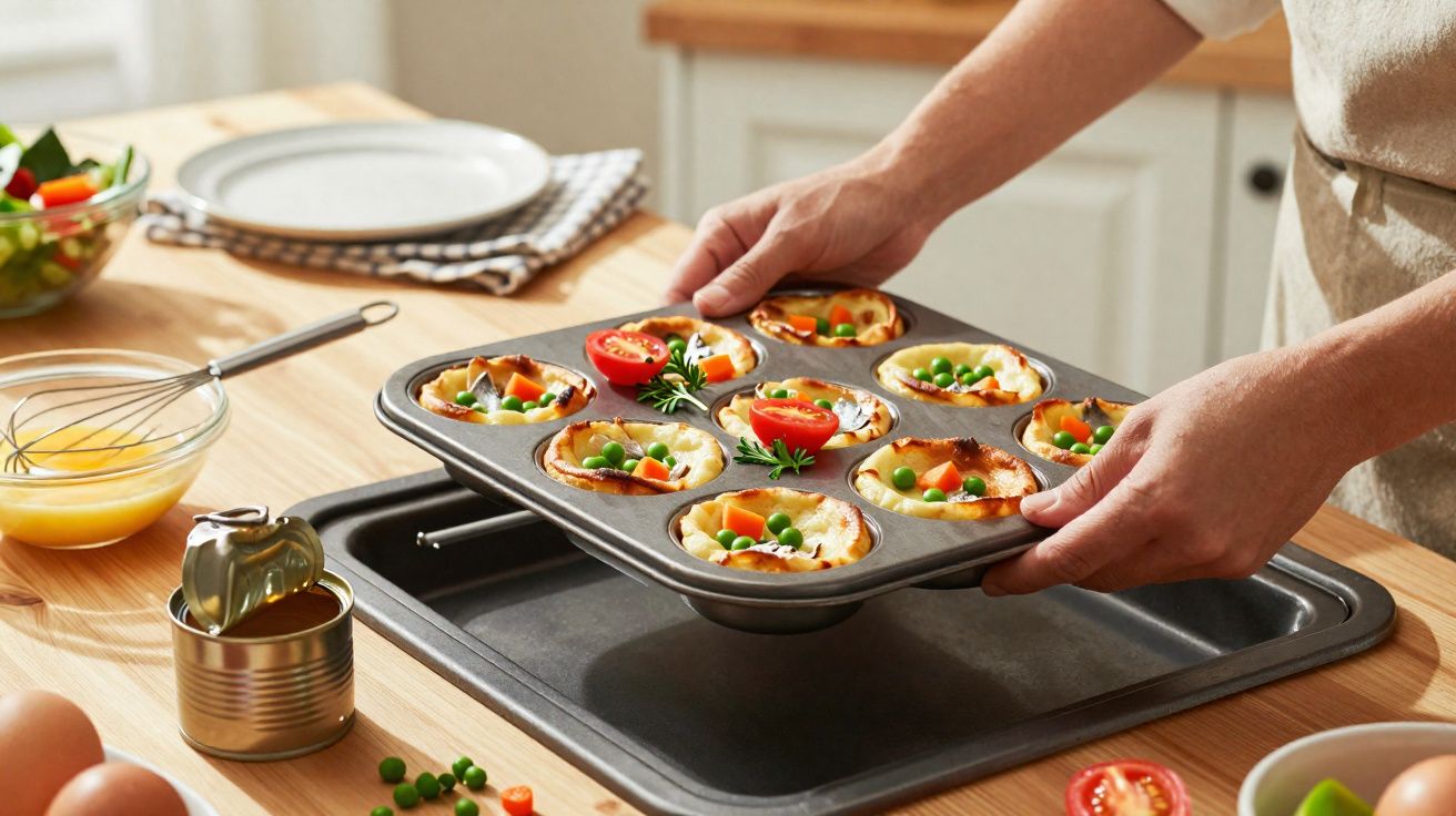 Pessoa a retirar do forno pequenas tartes salgadas com legumes numa forma metálica.