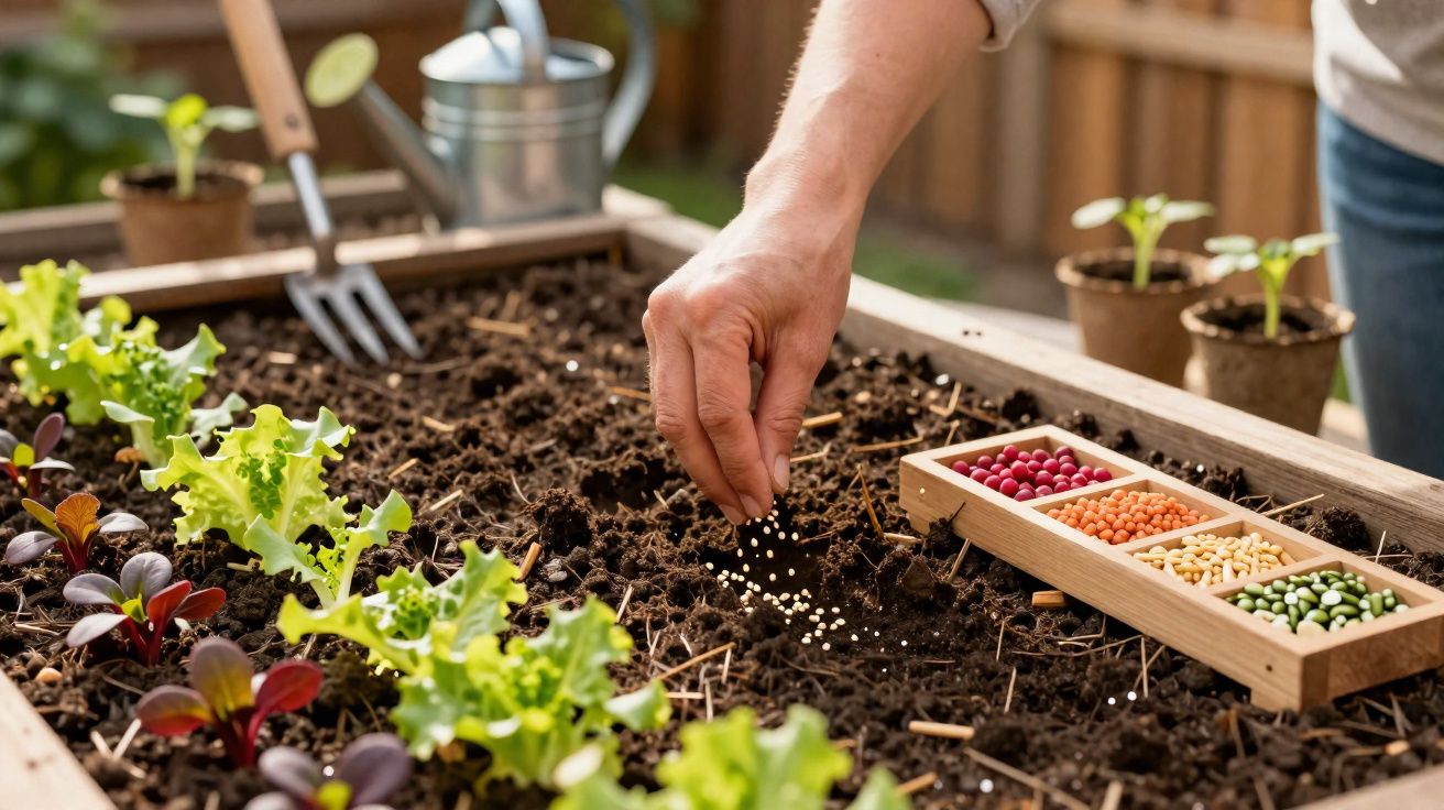 Mão a espalhar fertilizante granulado em terra de canteiro com plantas verdes em ambiente de jardim.