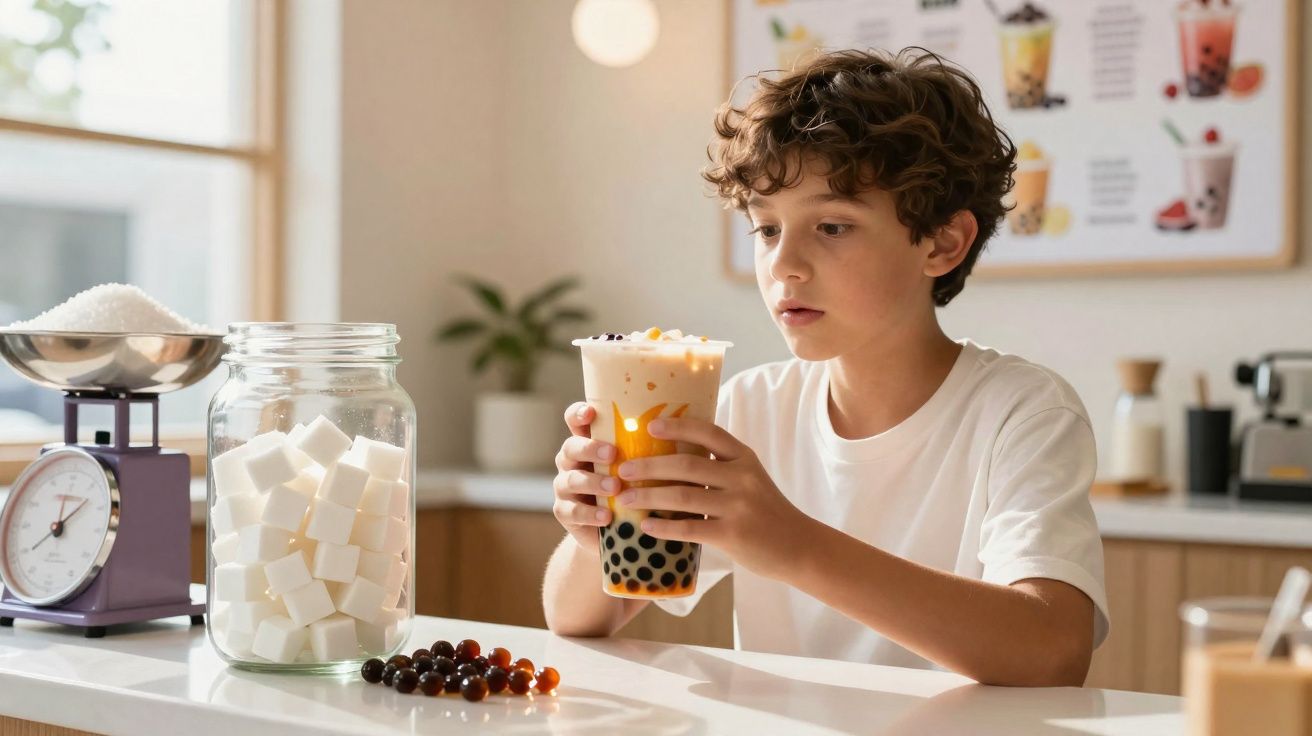 Criança a observar um copo de chá de bolhas numa cozinha com açúcar e pérolas de tapioca na bancada.