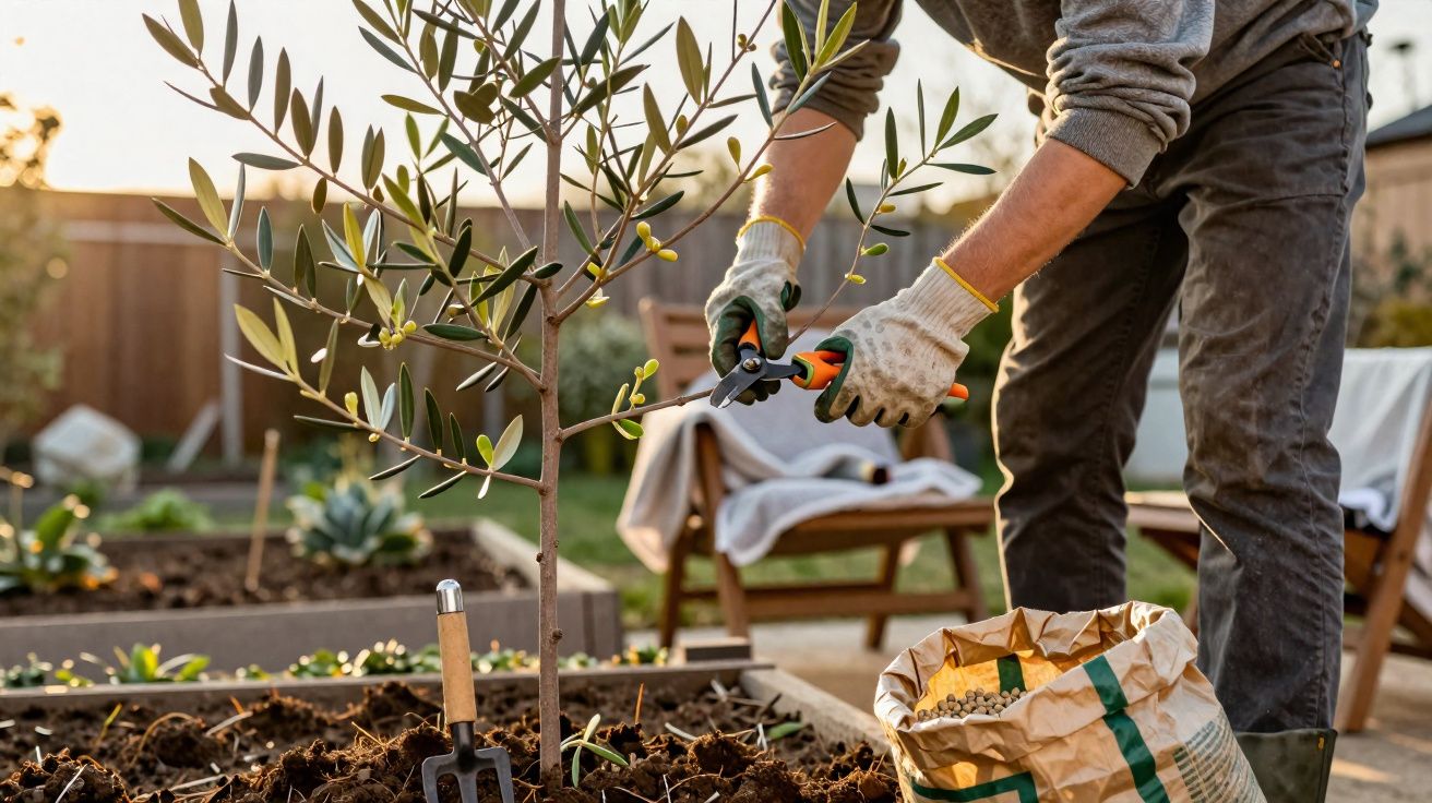 Pessoa a podar um ramo de oliveira num jardim ao entardecer, com saco de fertilizante ao lado.