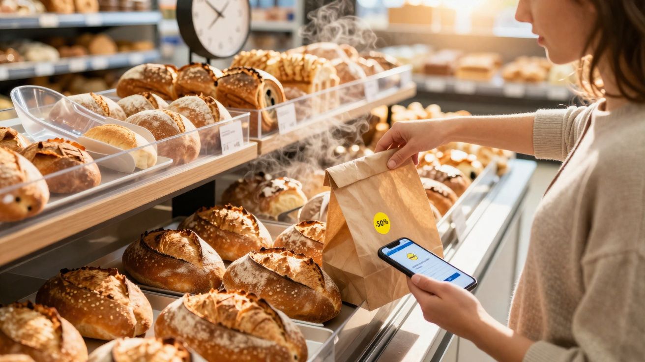 Mulher a comprar pão quente numa padaria, usando telemóvel e saco com etiqueta de 50% desconto.