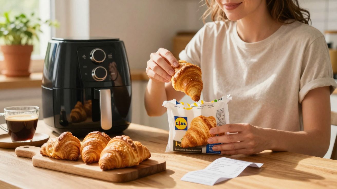 Mulher a retirar croissant de pacote Lidl numa cozinha com fritadeira sem óleo e café na mesa.
