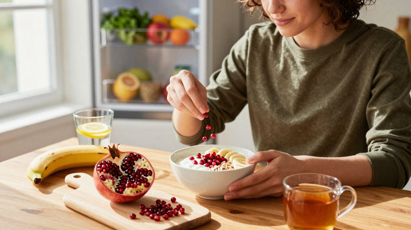 Pessoa a colocar bagas vermelhas num prato com iogurte, banana e aveia, numa cozinha luminosa.