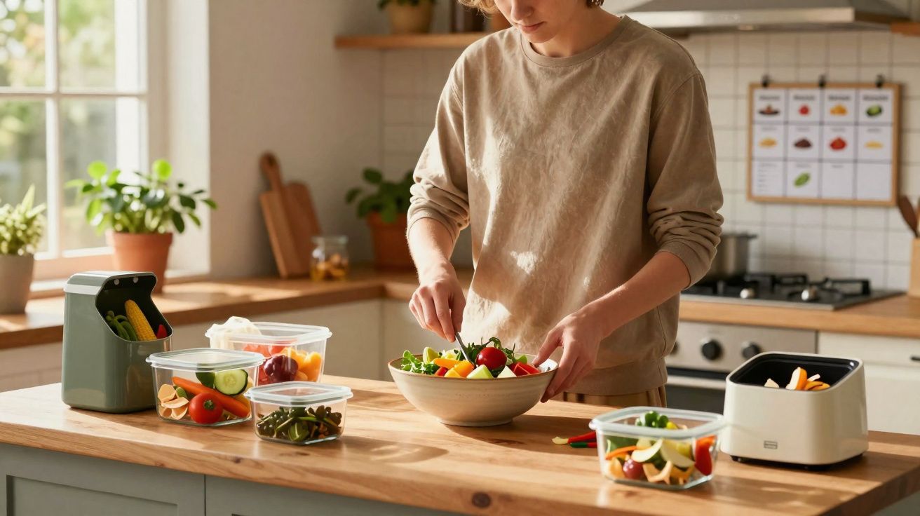 Pessoa a preparar uma salada com vários legumes frescos numa cozinha luminosa e organizada.