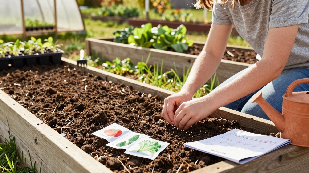 Pessoa a semear sementes numa horta elevada com etiquetas de plantas e regador ao lado.
