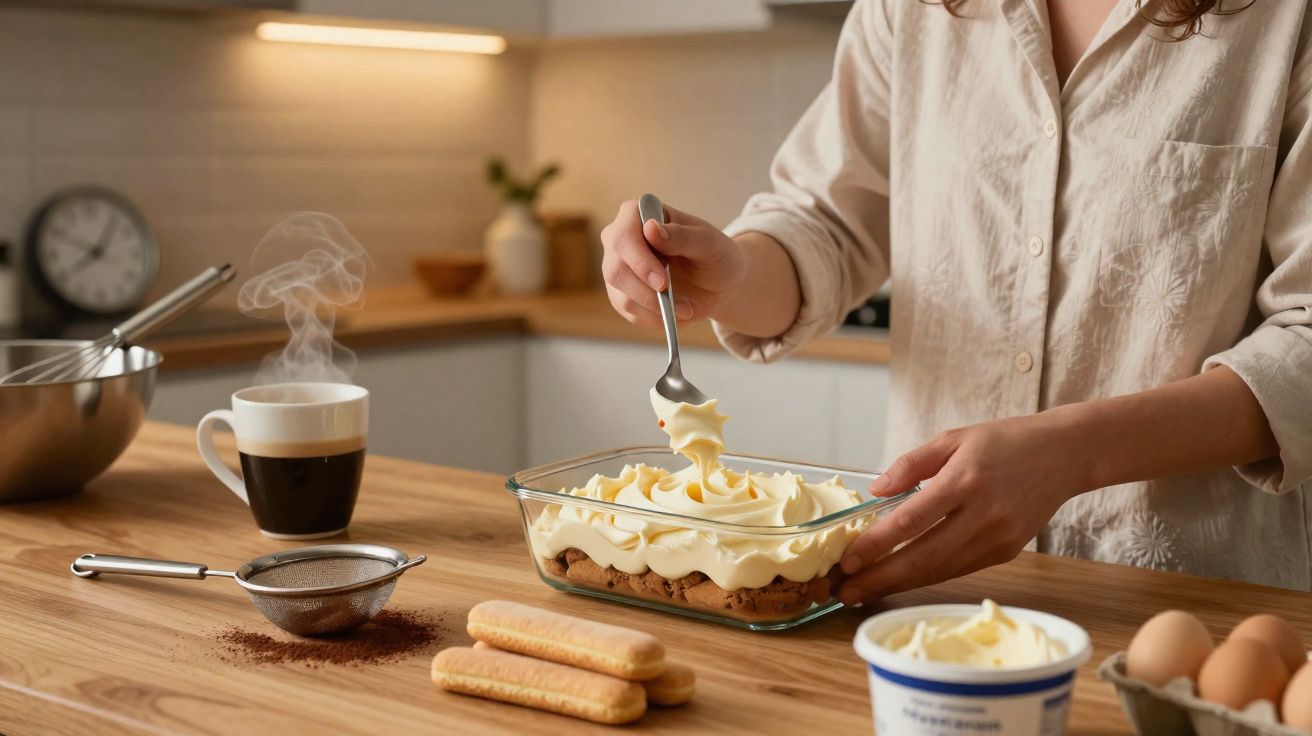 Pessoa a preparar sobremesa com natas numa taça de vidro numa cozinha com café quente e biscoitos no balcão.