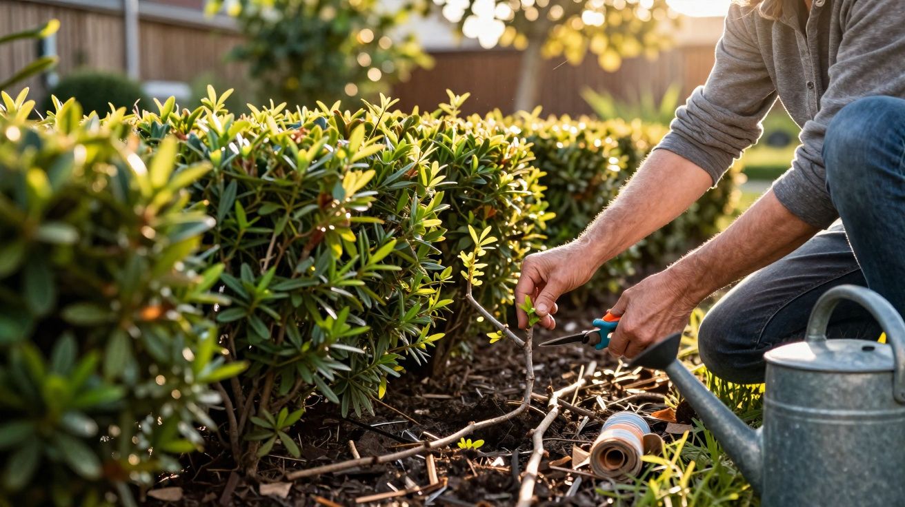 Pessoa a podar plantas num jardim com regador e ferramenta de corte ao lado ao entardecer.