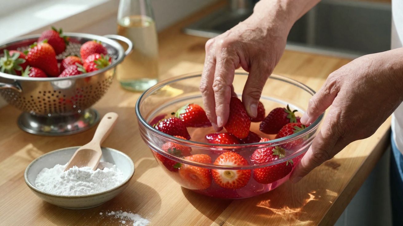 Mãos a lavar morangos numa tigela de vidro com água, próximo de uma taça com morangos e açúcar em pó.