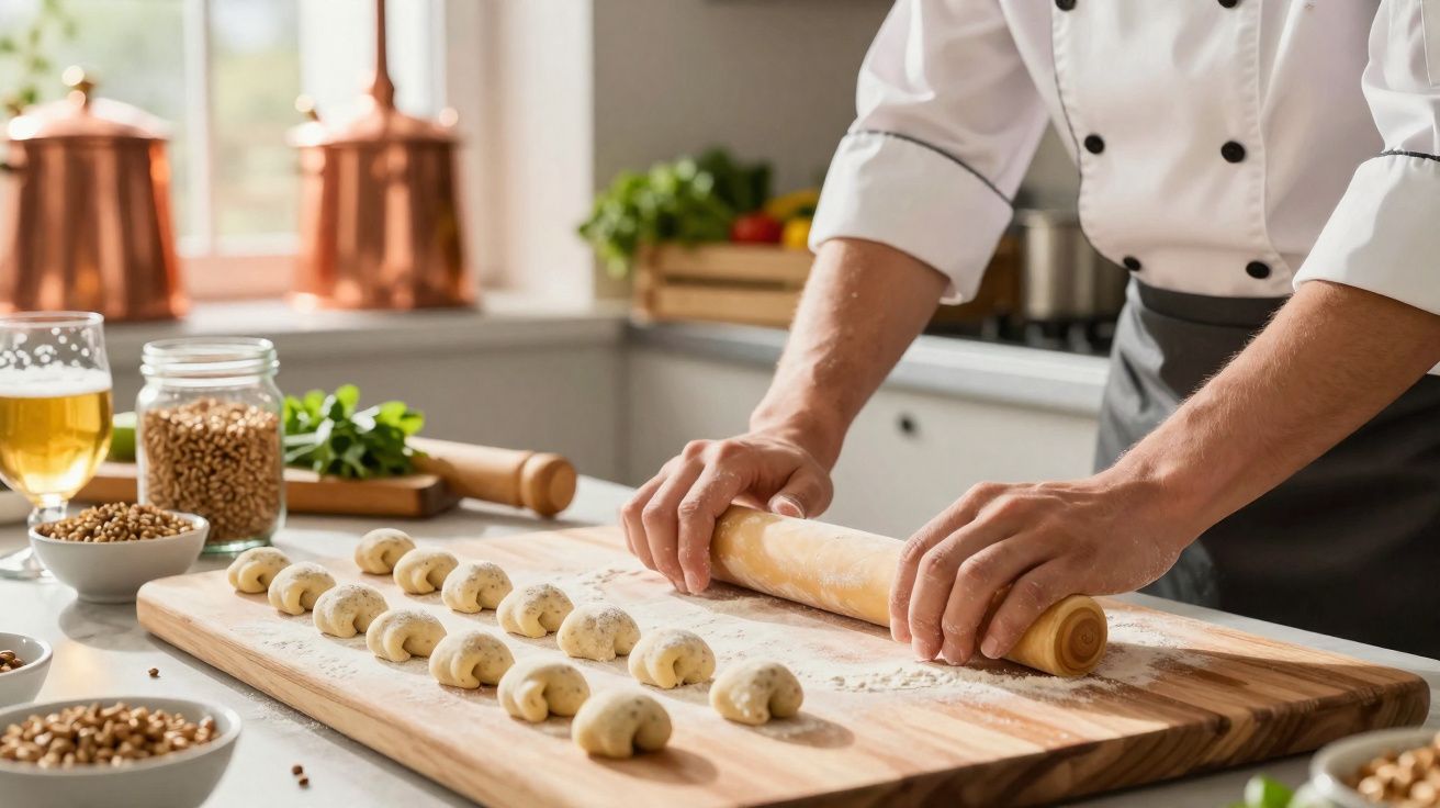 Pessoa a estender massa com rolo numa cozinha, com bolinhas de massa alinhadas numa tábua de madeira.