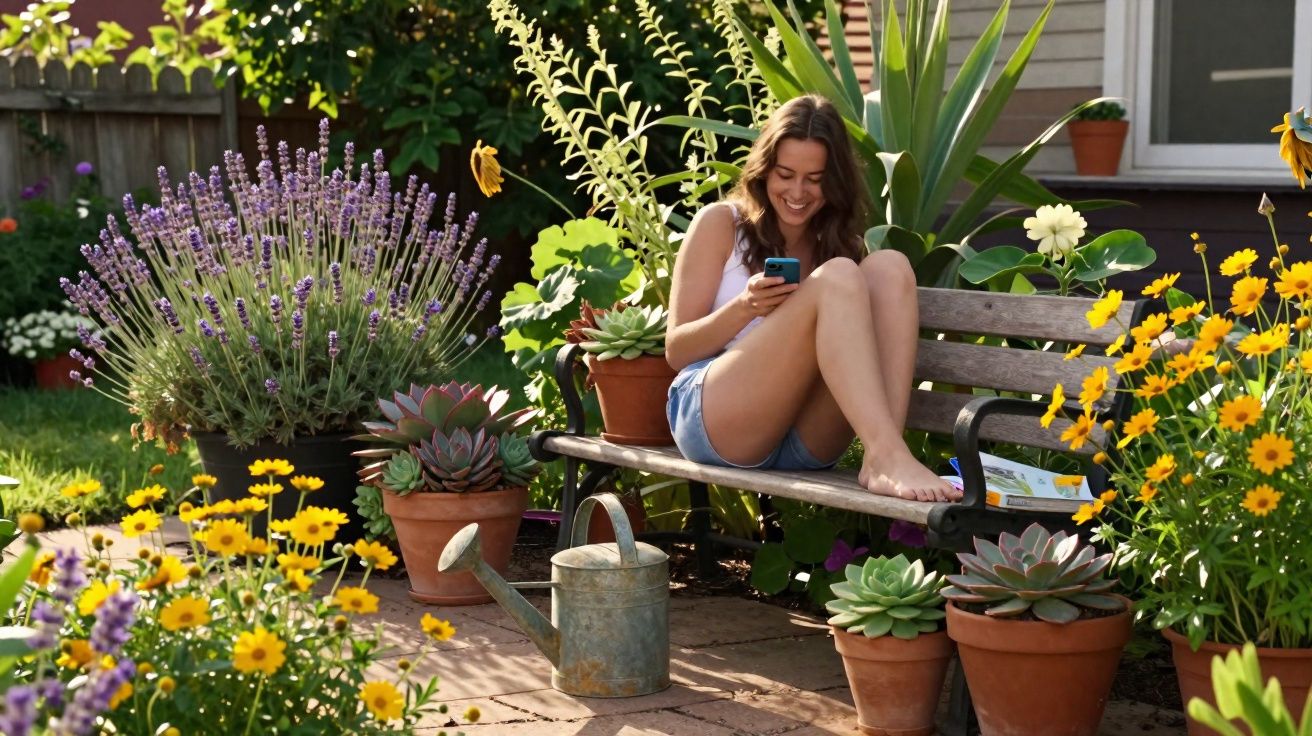 Jovem sentada num banco de jardim rodeada por muitas flores e plantas, a sorrir enquanto olha para o telemóvel.