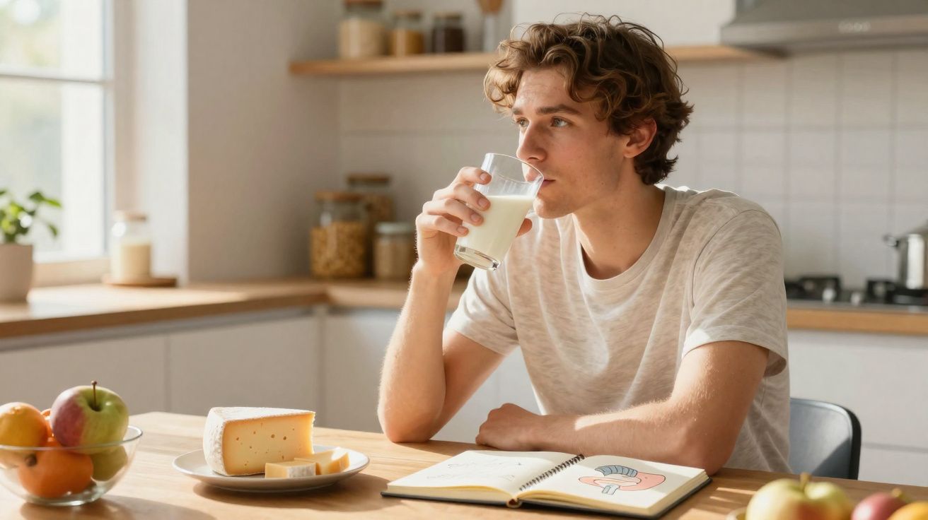 Jovem sentado na cozinha a beber um copo de leite, com queijo e frutas na mesa à sua frente.