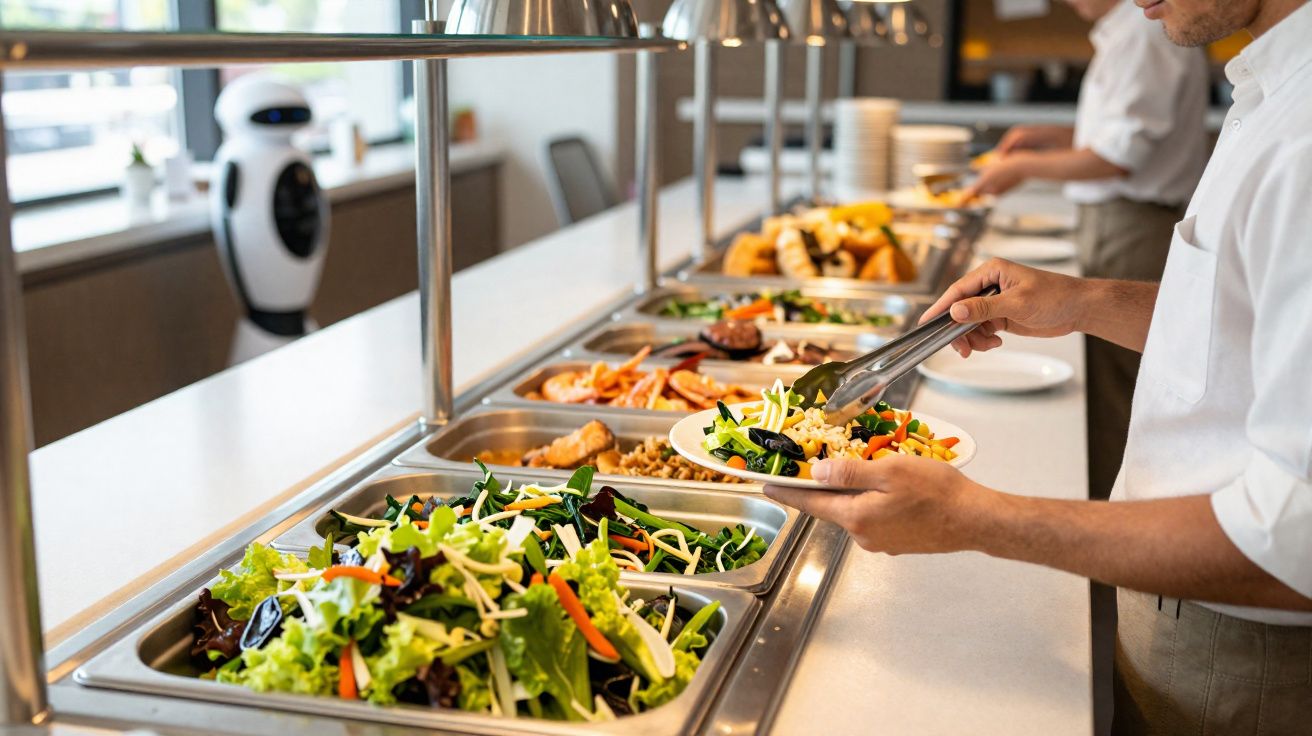 Pessoa a servir-se de salada e legumes num bufete de comida saudável numa cantina moderna.