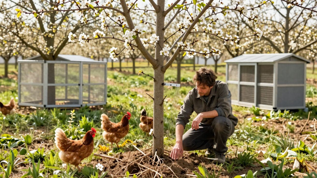 Homem cuida do solo num pomar florido com galinhas a circular e pequenos galinheiros ao fundo.