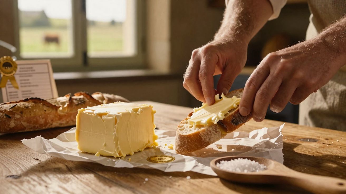 Pessoa a barrar manteiga numa fatia de pão rústico sobre mesa de madeira junto a saleiro e pão.