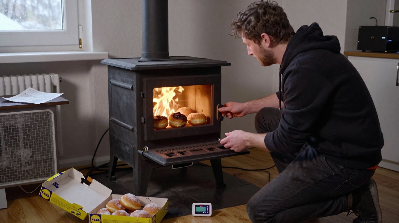 Homem a assar donuts numa salamandra a lenha dentro de uma divisão iluminada pela janela.