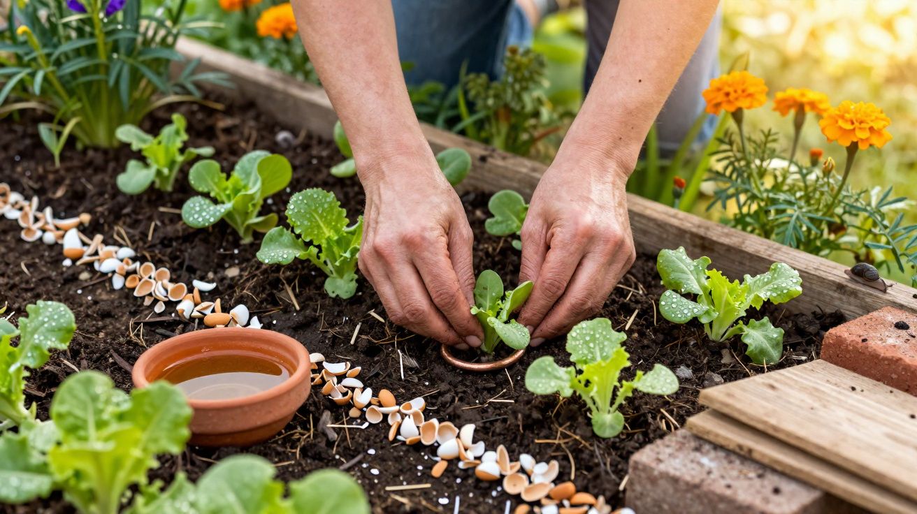 Mãos a plantar uma muda em canteiro com terra, folhas verdes e flores amarelas ao fundo.