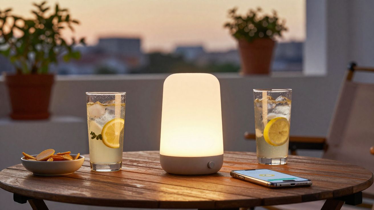 Mesa de madeira com luz ambiente, dois copos com bebida, prato com snacks e telemóvel ao ar livre ao pôr do sol.