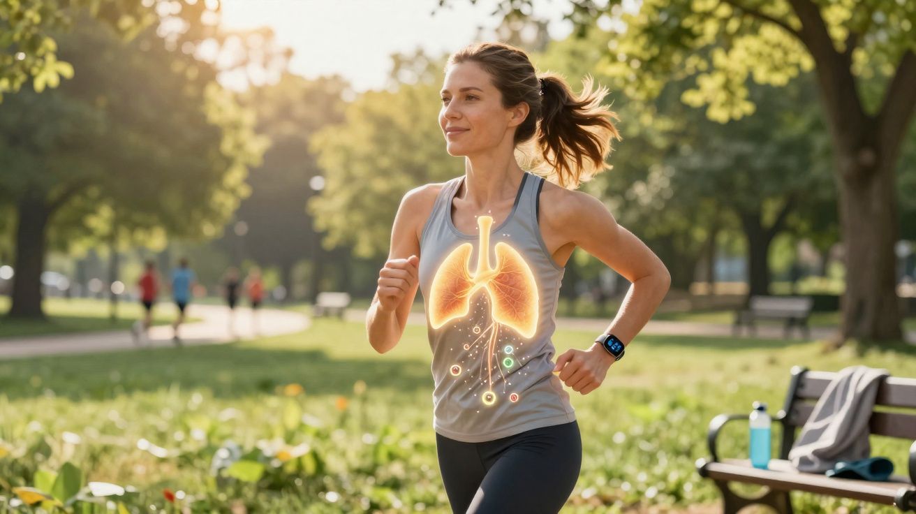 Mulher a correr num parque com ilustração digital dos pulmões destacada no peito.