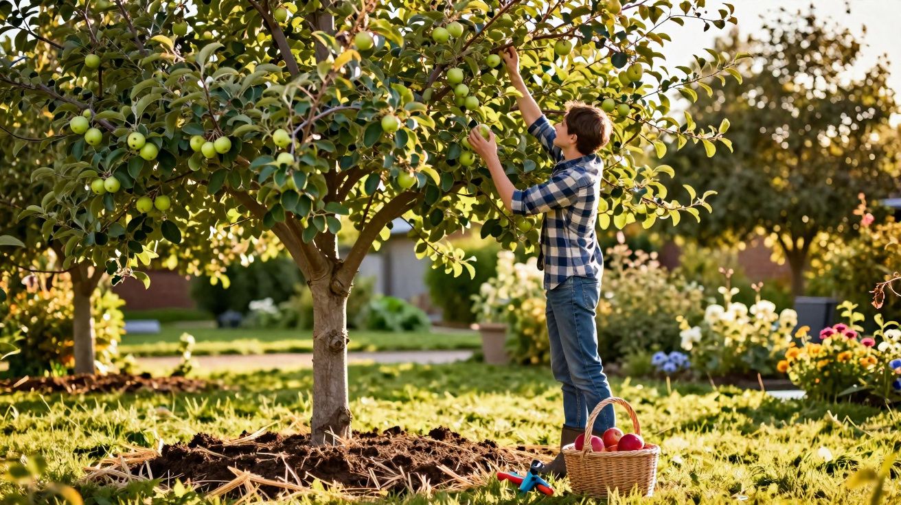 Rapaz a apanhar maçãs num pomar bem iluminado ao entardecer com uma cesta ao lado.