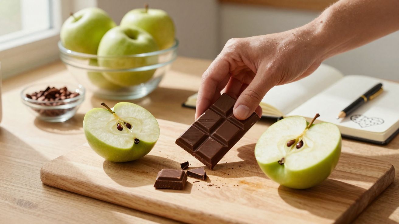 Mão segurando barra de chocolate junto a maçãs verdes cortadas em tábua de madeira numa cozinha iluminada.