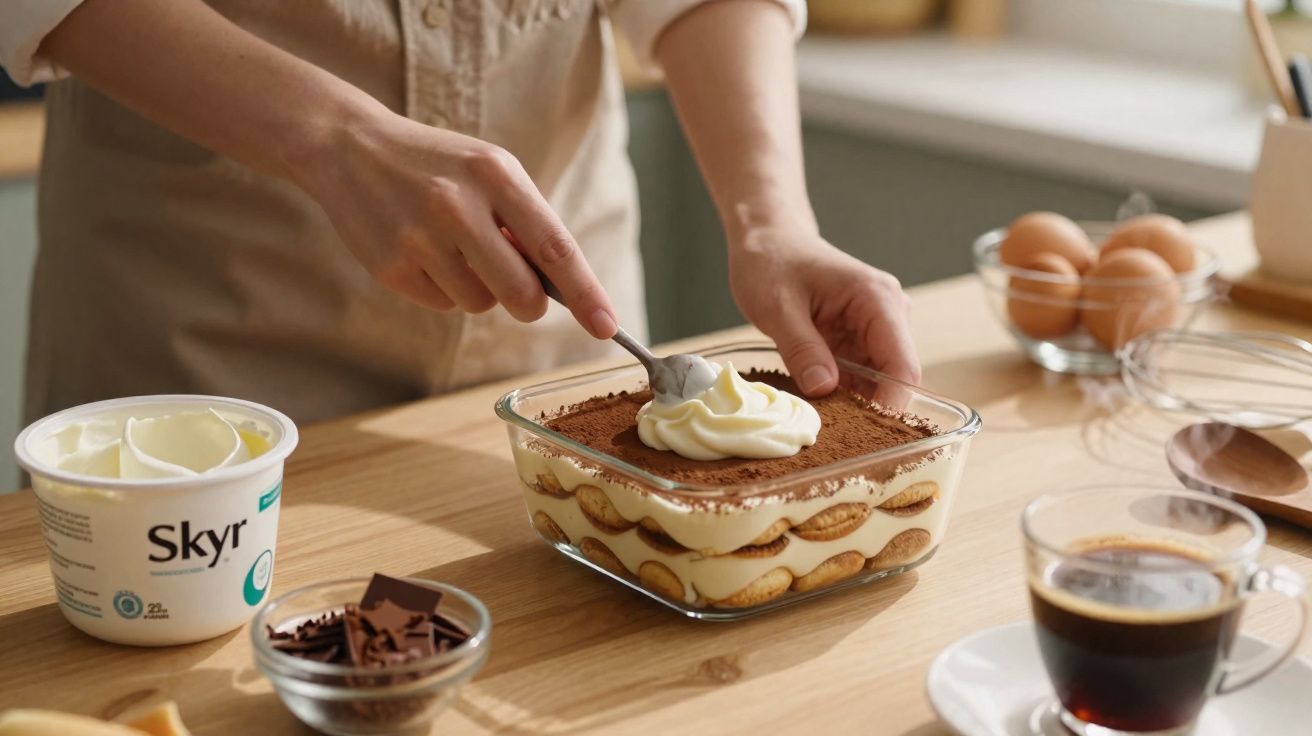 Pessoa a preparar tiramisú com colher, creme, ovos e café numa mesa de madeira.