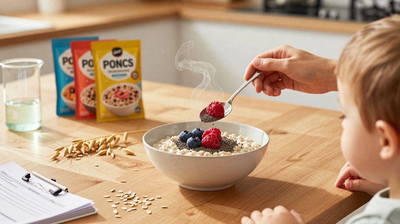 Criança à mesa com tigela de papas quentes, frutas e sementes, e pacotes de cereais Poncs ao fundo.