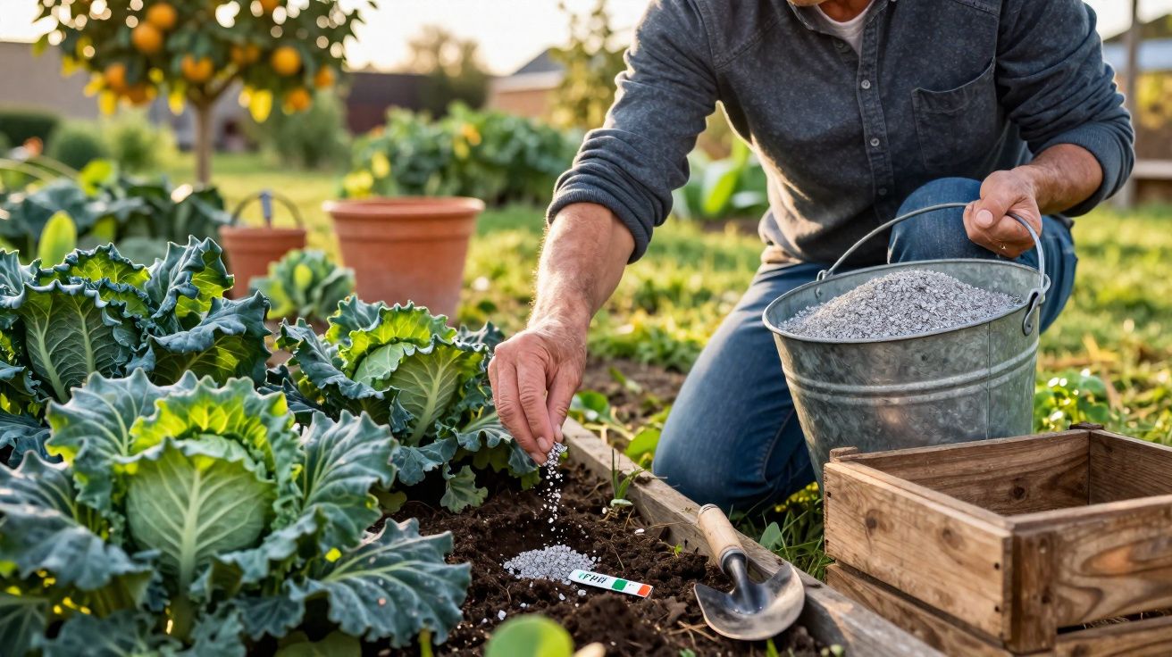 Pessoa a espalhar fertilizante nas plantas de um pequeno jardim ao ar livre durante o dia.