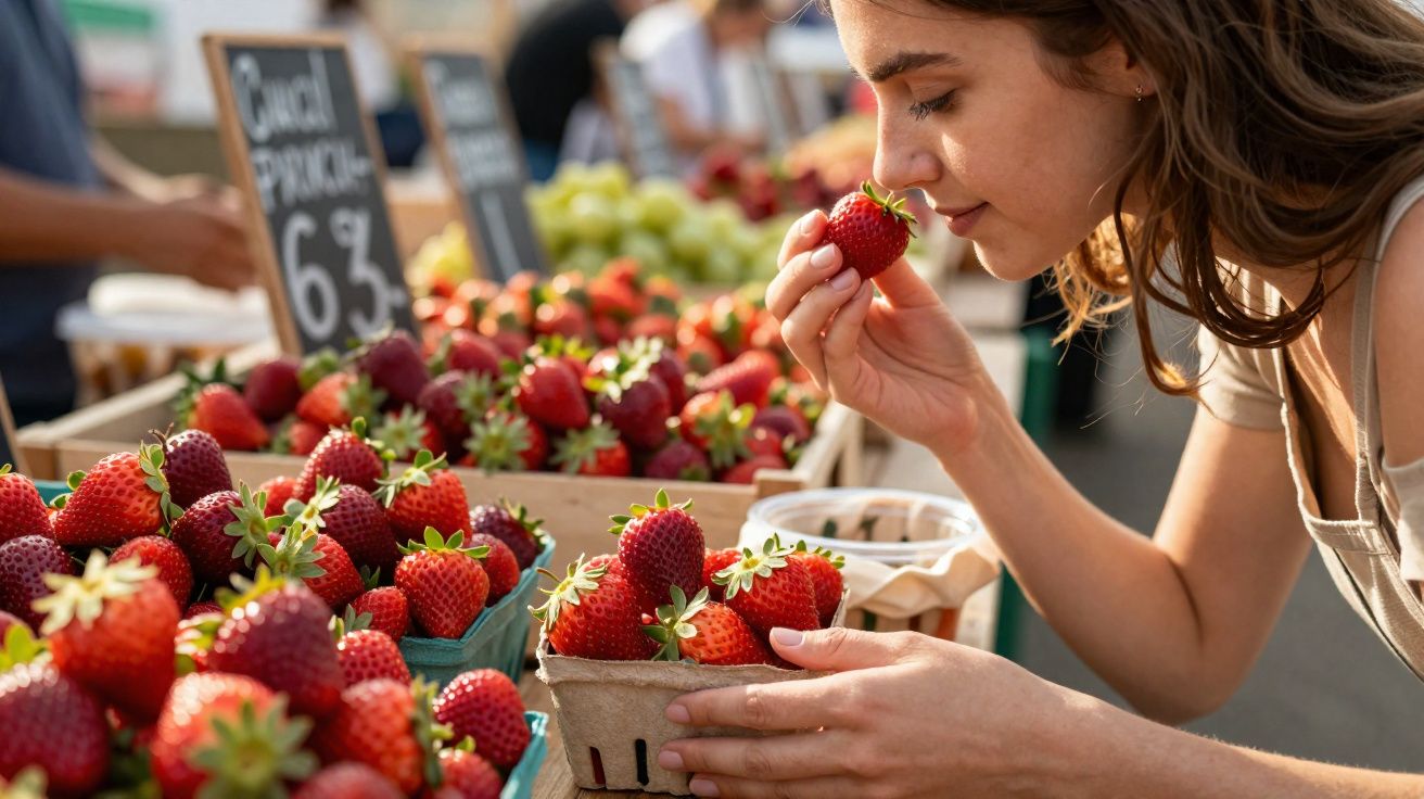 Mulher cheira morango fresco numa banca de mercado ao ar livre cheia de caixas com morangos.