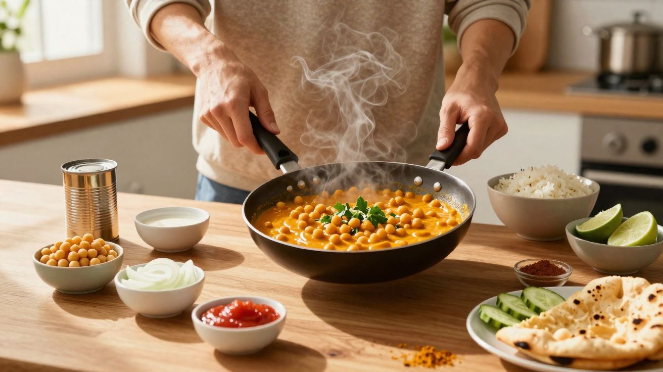 Pessoa a cozinhar grão-de-bico temperado num tacho, rodeado de ingredientes num balcão de cozinha.