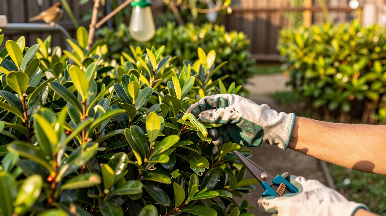 Mãos com luvas de jardinagem a retirar uma lagarta verde de arbusto com tesoura de poda em jardim iluminado.