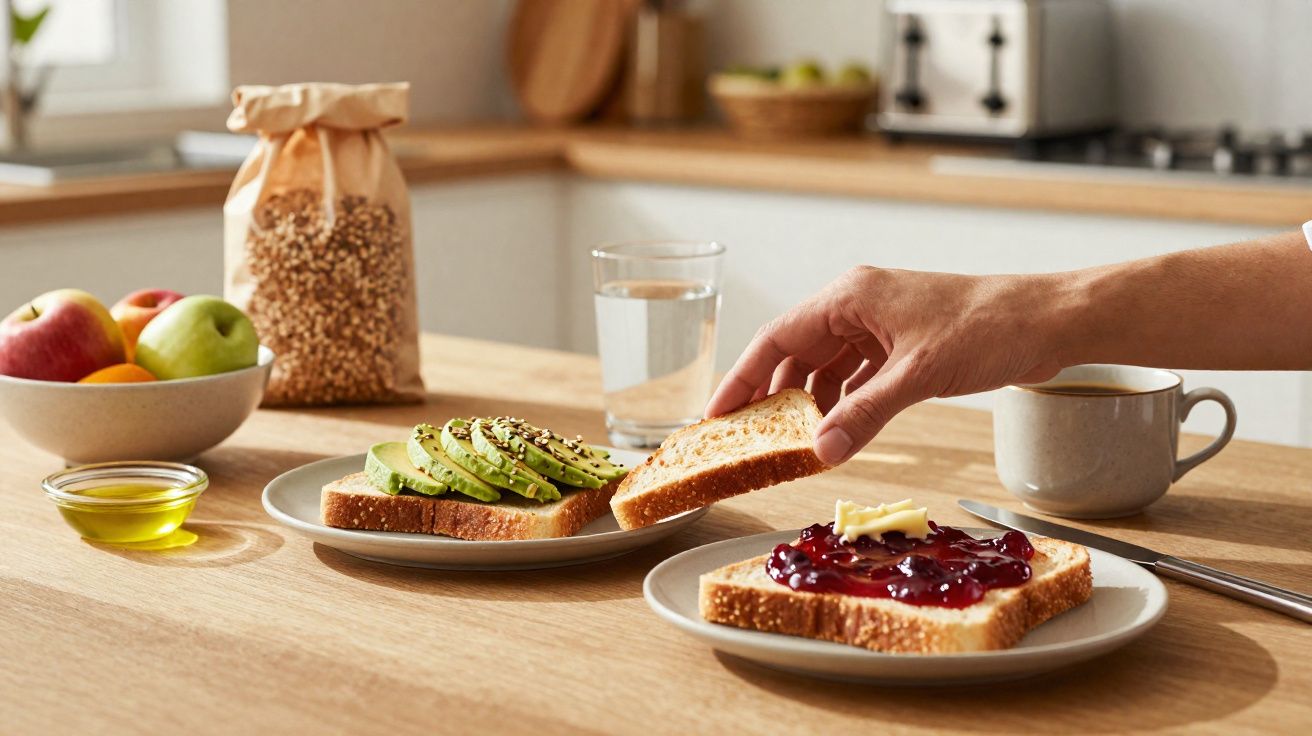Mão a pegar fatia de pão, duas torradas com abacate e compota, chá, água e frutas numa cozinha iluminada.