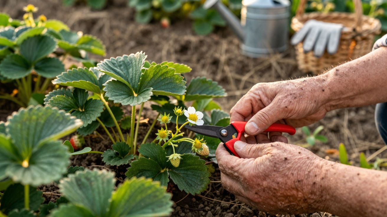 Mãos de idoso a podar plantas de morango num jardim com tesoura vermelha e preto.