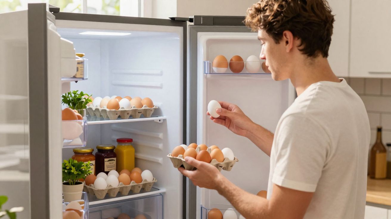 Homem a guardar ovos no frigorífico aberto numa cozinha moderna.