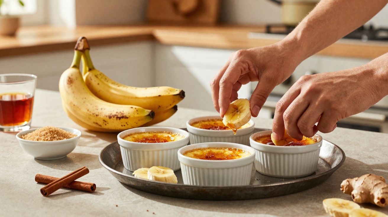 Mãos a decorar crèmes brûlées com fatias de banana numa bancada de cozinha com ingredientes à volta.